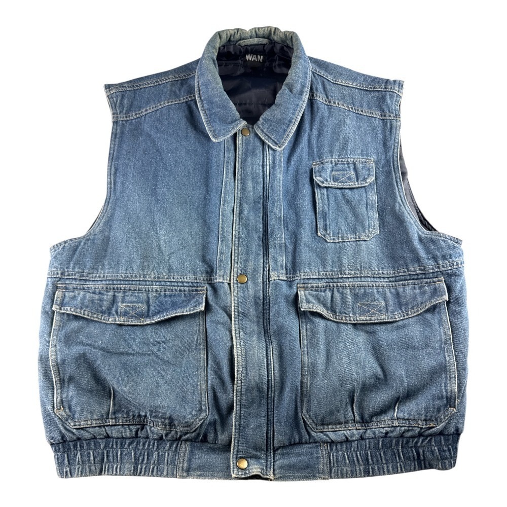 Vintage WAN Mens XL Blue Denim Padded Utility Vest Cargo Pocket Workwear Jacket